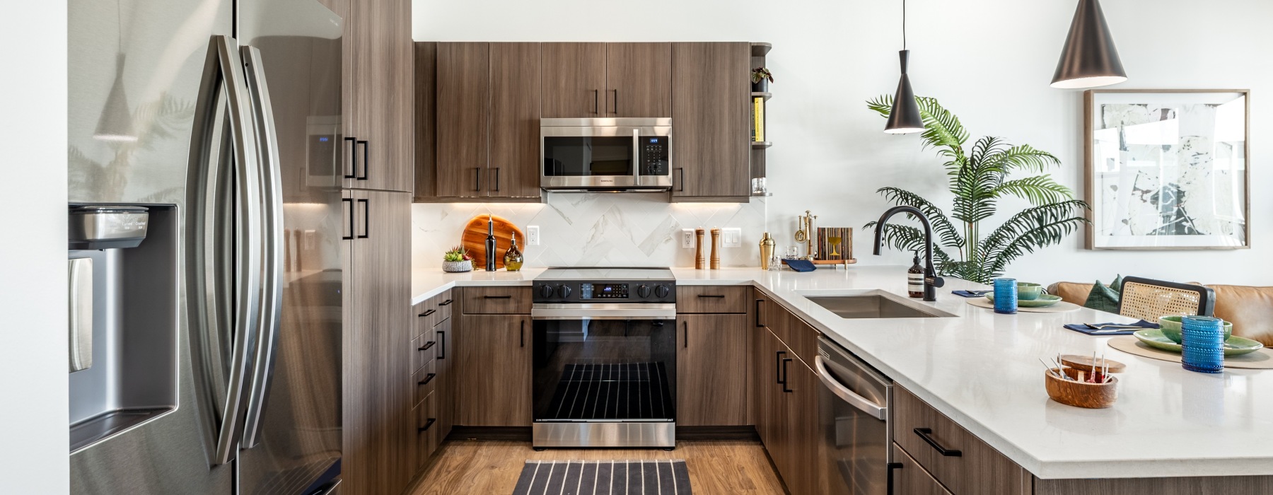 a kitchen with a large window